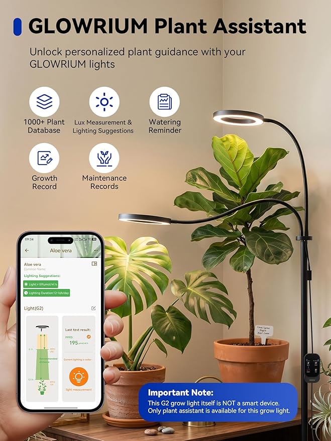 GLOWRIUM Grow Lights for Indoor Plants, 36W Full Spectrum 2-Head LED Plant Light with Stand, Adjustable Height, 3/9/12H Timer, 6 Dimmable Levels & 3 Lighting Modes(Black-Double Head)