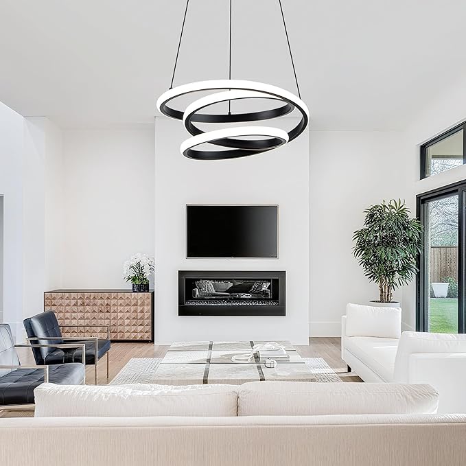 Mayful Modern Chandelier with Remote Control, 3-Color Dimmable LED Pendant Light Fixtures, Height Adjustable Kitchen Island Lighting for Dining Room,Bedroom,Living Room,Foyer,Office Black 13.78 inches
