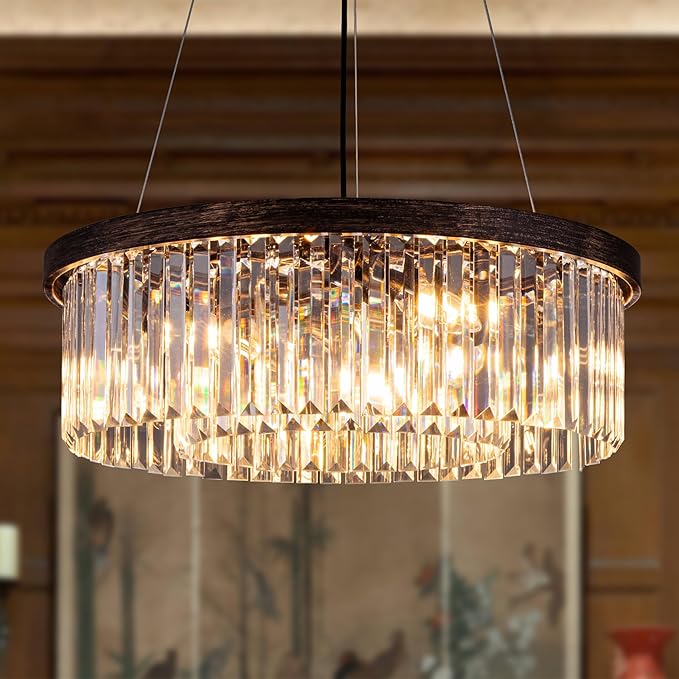 Wellmet Crystal Chandeliers for Dining Room Light Fixture, 6 Lights Farmhouse Chandelier, Modern Pendant Lights for Living Room, Kitchen Island, Bedroom, entryway, Hallway, Antique Bronze, W-21.65”