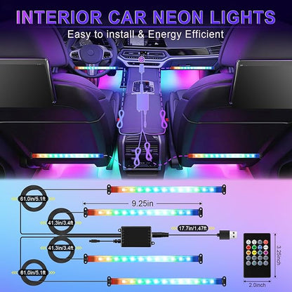 LivTee Interior Car LED Lights, Smart RGB Ambient Lighting with App & Remote Control, Music Sync & DIY Modes, 4-Line Separate Design LED Strip Lights, USB Powered, Car Accessories for Women