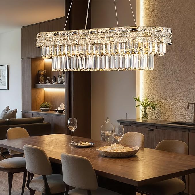 34.3" L Modern Crystal Chandeliers for Dining Room 12 Lights Gold Chandelier Large Luxury Chandelier Pendant Light Fixture, Kitchen Island,Entryway,Living Room 34.3" L x 8.7" H