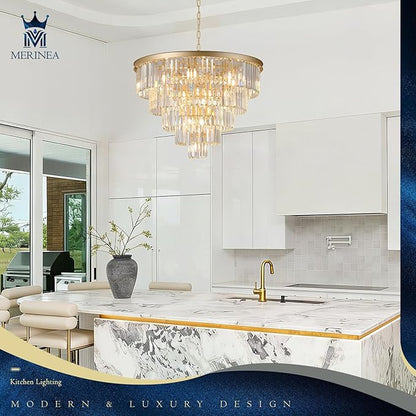 Large Crystal Chandelier Modern Gold 30" 16 Lights Round Chandeliers 5 Tiers Luxury K9 Crystal Ceiling Pendant Light Fixture for Foyer Staircase Living Room Dining Room
