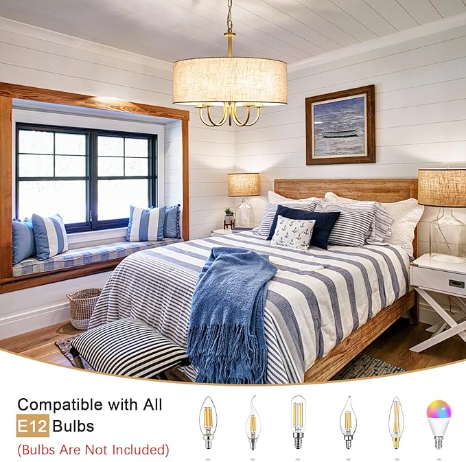 5 Lights Drum Chandelier Gold Farmhouse Chandelier with Shades 19" Large Pendant Light Fixtures Hanging Brass Round Chandeliers for Bedroom Dining Room Over Table Living Room Foyer Kitchen Island