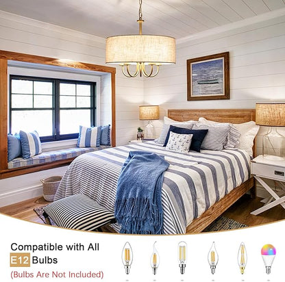 5 Lights Drum Chandelier Gold Farmhouse Chandelier with Shades 19" Large Pendant Light Fixtures Hanging Brass Round Chandeliers for Bedroom Dining Room Over Table Living Room Foyer Kitchen Island