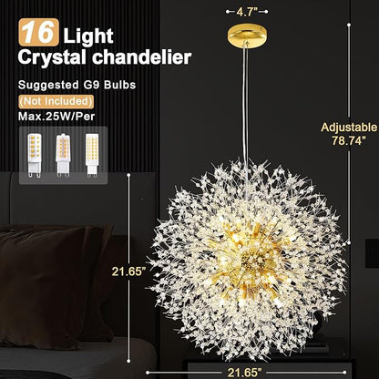 Modern Firework Gold Crystal Chandeliers, Sputnik Dandelion Chandelier Light Fixture Pendant Lighting for Living Room, Dining Room, Restaurant, Bedroom, Kitchen- 16 Lights
