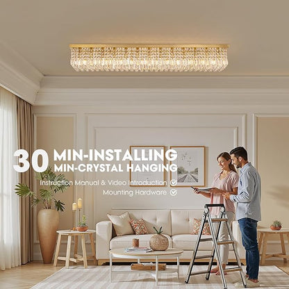 Large Modern Crystal Chandeliers for Dining Room Light Fixture, 13-Light Gold Rectangle Chandelier Ceiling Light for Kitchen Island Living Room, L59 Inch