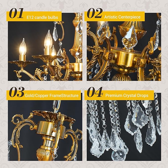 Luxury Copper Crystal Chandelier, 24" Vintage K9 Crystal Pendant Light with 6 Lights, Antique Brass Finish Ceiling Light Fixture with Scrolled Arms for Dining Room Living Room Foyer Villa Hotel