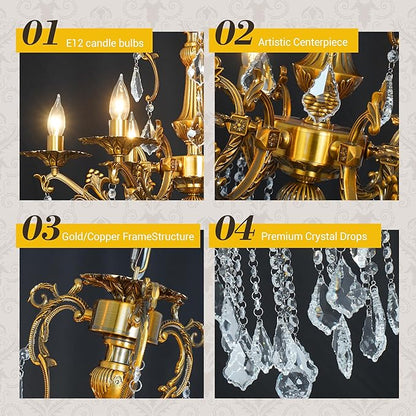 Luxury Copper Crystal Chandelier, 24" Vintage K9 Crystal Pendant Light with 6 Lights, Antique Brass Finish Ceiling Light Fixture with Scrolled Arms for Dining Room Living Room Foyer Villa Hotel