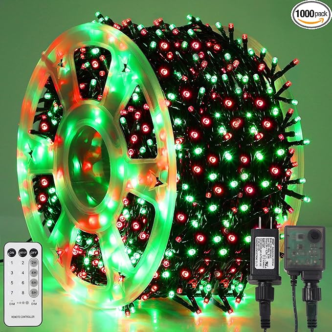 LJLNION 1000LED Christmas Lights, Extra Long 328FT Xmas Green Wire Fairy String Lights Plug in Outdoor, Remote Control & 8 Lighting Modes, Waterproof for Wedding Party Bedroom Decorations, Red & Green