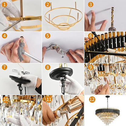 Modern Crystal Chandeliers for Dining Room 15-Light Black and Gold Chandelier Living Room Round 6 Tiers Contemporary Ceiling Hanging Light Pendant Light Fixture for Entryway Foyer Staircase W29”