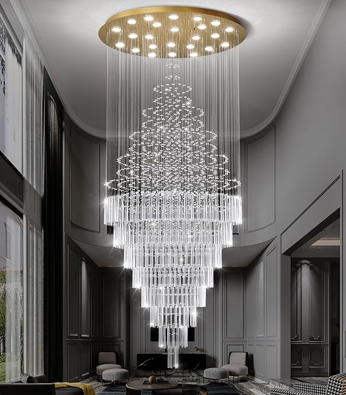 HAIXIANG W47 x H120 Crystal LED Chandelier with Light Bulbs Luxury Raindrop High Ceiling Chandeliers for Entryway Villa Staircase Foyer Living Room Lighting Fixtures Gold