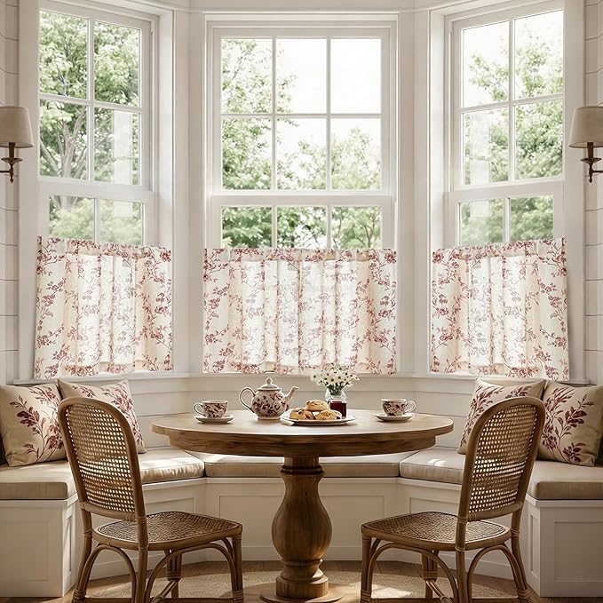 jinchan Floral Kitchen Curtains 24 Inch Linen Tier Curtains Farmhouse Cafe Half Window Drapes Over Sink Light Filtering for Living Room Laundry RV Rod Pocket 2 Panels Maroon Red on Beige