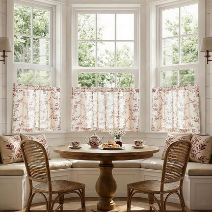 jinchan Floral Kitchen Curtains 24 Inch Linen Tier Curtains Farmhouse Cafe Half Window Drapes Over Sink Light Filtering for Living Room Laundry RV Rod Pocket 2 Panels Maroon Red on Beige