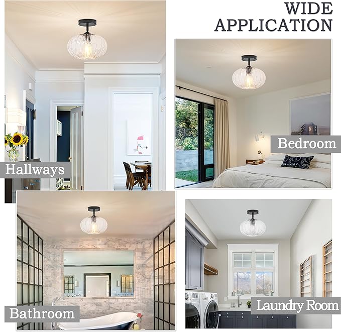 Bagood Black Semi Flush Mount Ceiling Lights Fixture Farmhouse Globe Glass Mid Century Light Fixtures Textured Glass Hallway Lights Fixtures Vintage Ceiling Light for Bathroom Entryway(Bulb Incl.)