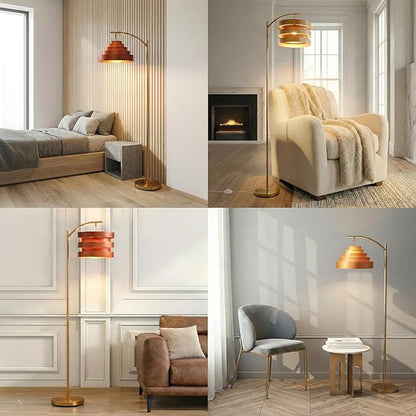 O’Bright Strata Wooden Floor Lamp - Mid Century Modern Standing Lamp with Layered Wood Shade, Tall Reading Lamp for Living Room, Bedroom, Office, Antique Brass, Light Oak, Horizon Shade