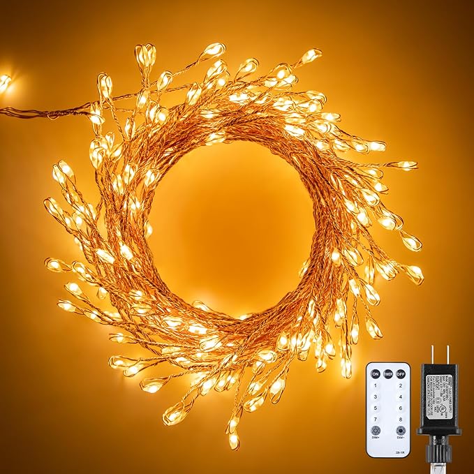 Minetom Fairy Lights Plug in, 23Feet 400LED Cluster String Lights, Copper Wire Waterproof Starry Firecracker Lights for Ceiling Bedroom Wreath Window Wedding Christmas Tree Decorations, Warm White