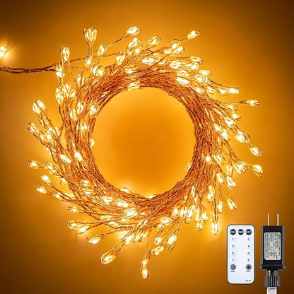 Minetom Fairy Lights Plug in, 23Feet 400LED Cluster String Lights, Copper Wire Waterproof Starry Firecracker Lights for Ceiling Bedroom Wreath Window Wedding Christmas Tree Decorations, Warm White