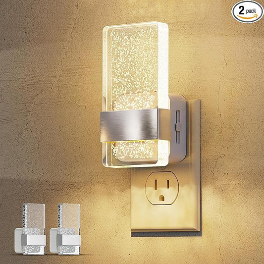 L LOHAS LED Night Light, Dimmable Night Lights Plug into Wall, 2 Pack Acrylic Silver Nightlight with Light Sensor, 0-100LM Automatic Plug in Nightlight for Bathroom, Hallway, Stairway, Gift
