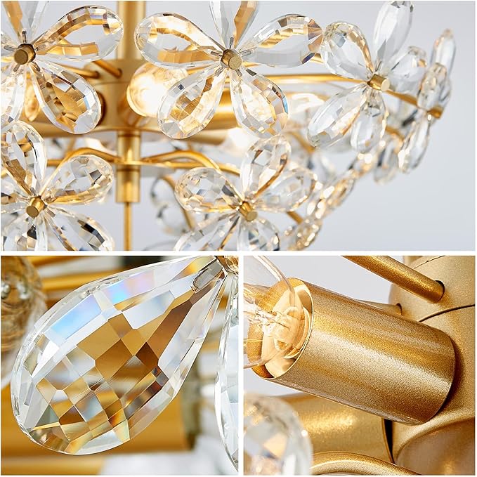WUZUPS Crystal Chandelier Flushmount Ceiling Light Modern Lighting Fixture for Bedroom Hallway Bar Kitchen Bathroom, H 8.9" x W 17.7", Gold, E12 Base