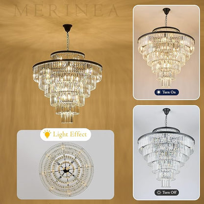 Large 40" Black Crystal Chandelier 28 Lights Modern Round Chandeliers for Staircase Luxury 7-Tier K9 Crystal Ceiling Pendant Light Fixture for High Ceiling Living Room Foyer