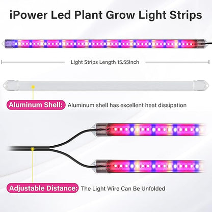 iPower 20W Full Spectrum LED Plant Grow Light Strips for Indoor Plants with Auto ON/Off 3/9/12H Timer, 10 Dimmable Levels 48 LEDs Per Tude, for Hydroponics Succulent, 2 Tubes, Mix