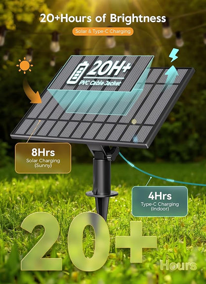 Minetom 163FT Solar String Lights Outdoor Waterproof, 52 LED S14 Shatterproof Bulb, Patio Lights with Remote Type-C Port Timable, 3 Light Modes Dimmable Solar String Lights for Outside, Yard, Camping