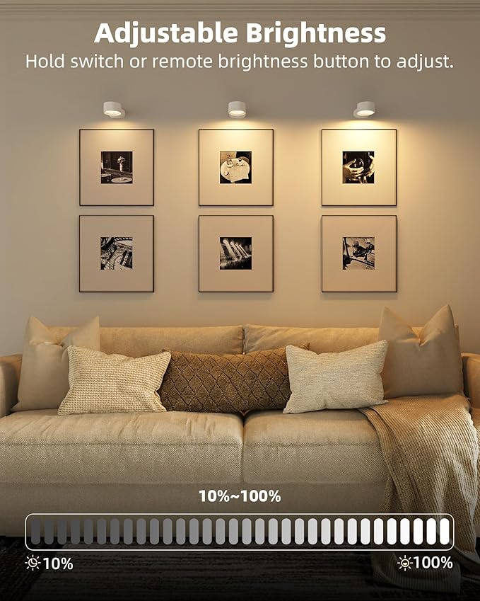 Picture Lights for Wall, 2000mAh Rechargeable Magnetic Art Lights with 3 Color Temps & RGB, Remote Dimmable Battery Operated Wall Light for Bedroom, Living Room, Gallery (White, 6 Pack)