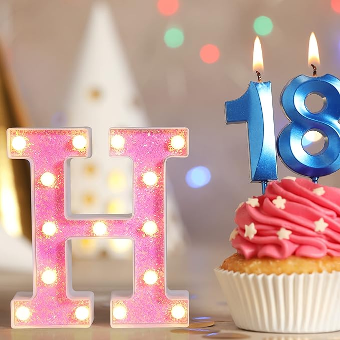 Foaky Pink Light up Letters，Pink Party Decorations,Girls Room Decor,Glitter Light Up Letters,Alphabet Letter Sign for Night Light Birthday Party Girls Gifts, Home Bar Decoration（P）