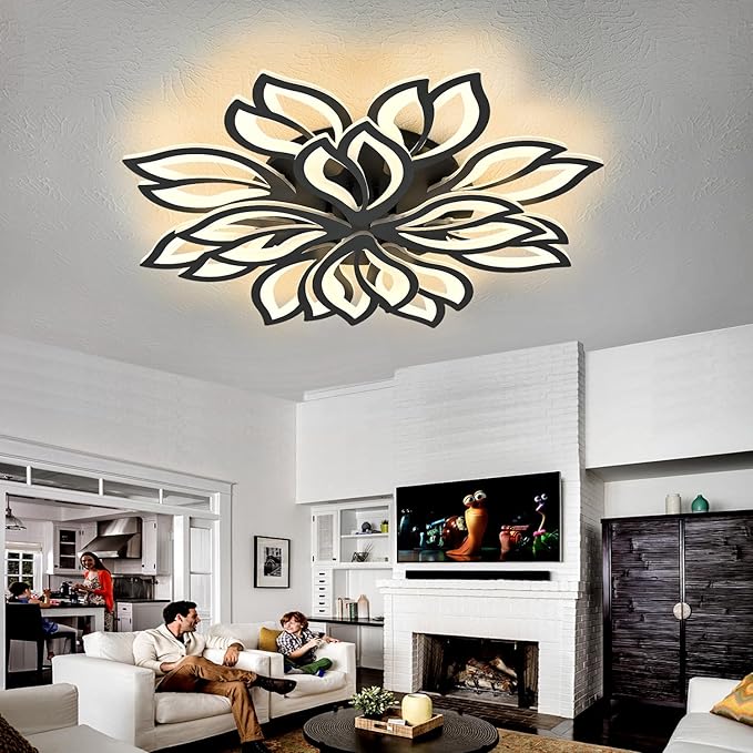 Modern Black Flower Ceiling Light Fixture, 30 Inch Dimmable Flush Mount with 12 Leaves, Low Profile for Living Room, Dining Room, Bedroom