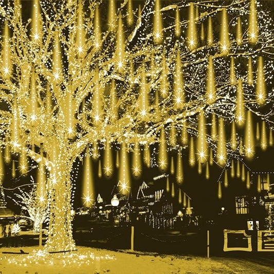 Weepong Christmas Lights Outdoor Falling Rain Meteor Shower Lights 12 inch 8 Tube 192 LED Snowfall Icicle Cascading String Light for Xmas Tree Christmas Decorations Holiday Garden, UL Plug,Warm White