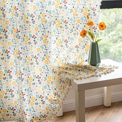 Sutuo Home Boho Curtain Semi-Blackout Colorful Florals Print Cotton Linen Fabric, Handmade Tassels Rod Pocket Bohemian Farmhouse Country Window Drapes for Living Bedroom, 59" W x 84" L, 1 Panel