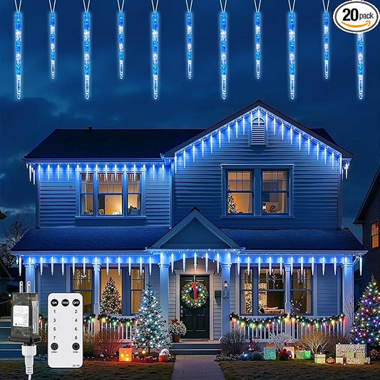 Brightown Icicle Lights for Outside with Remote, 20ft 100 LED 20 Tubes Connectable Ice Shape Hanging Christmas Lights for Tree Patio Roof Holiday Decor, Blue and White