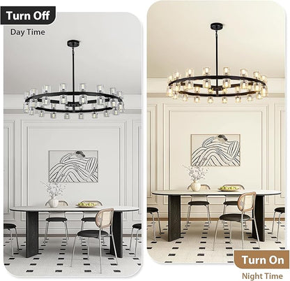 36-Light Large Black Chandeliers for High Ceilings, 36 Inch Crystal Wagon Wheel Chandelier, Farmhouse Industrial Round Chandelier Pendant Lighting Fixture for Dining Living Room Kitchen Island