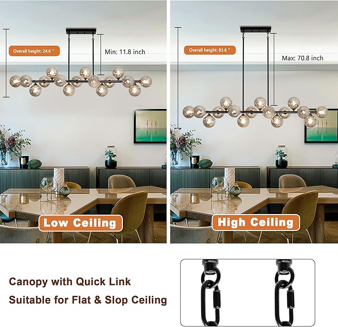 55" Linear Chandeliers for Dining Room Light Fixture 16 Lights Large Sputnik Chandelier Modern Chandelier Smoke Grey Swirled Globe Farmhouse Chandelier Island Lights for Kitchen
