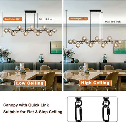 55" Linear Chandeliers for Dining Room Light Fixture 16 Lights Large Sputnik Chandelier Modern Chandelier Smoke Grey Swirled Globe Farmhouse Chandelier Island Lights for Kitchen