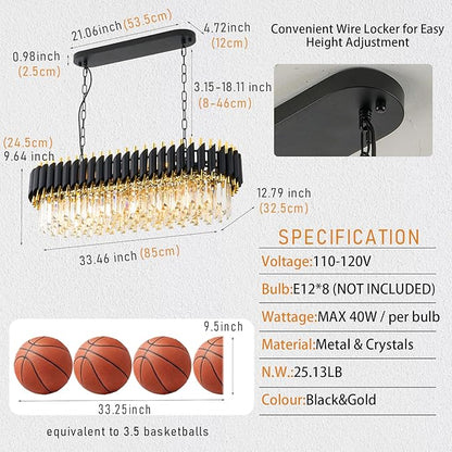 Modern Rectangular Chandelier Black and Gold Crystal Chandeliers for Dining Room 3 Tier 8-Light Oval Contemporary Ceiling Pendant Light Fixture for Kitchen Island Bar Living Room L33 inch