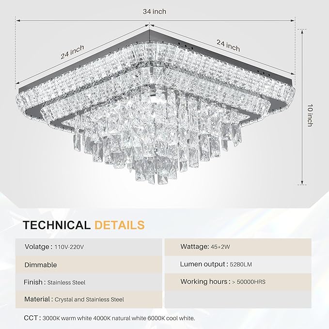 Miuyhji Elegant LED Crystal Raindrop Ceiling Light, 24 in Square Flush Mount Chandelier with Remote for Living Room Kitchen Island Bedroom Hallway Entryway Foyer (Dimmable)
