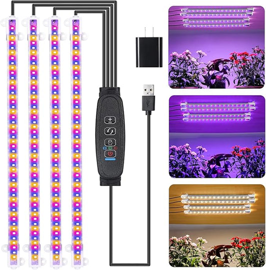 RWNTAO Four Strip Growing Lamp for Indoor Plants, Red & Blue & Yellow Full Spectrum LED Grow Light Strips with Auto ON/Off 3/9/12H Timer,10 Dimmable Levels for Green House Succulent (13 in)