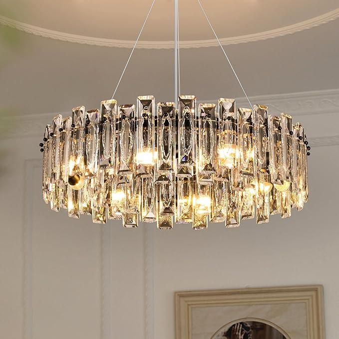 Luxury K9 Crystal Chandelier Modern Round Easy Install Ceiling Hanging Pendant Light Fixture for Dining Living Room Kitchen Island Entryway Foyer D23.6 Black 8-Lights
