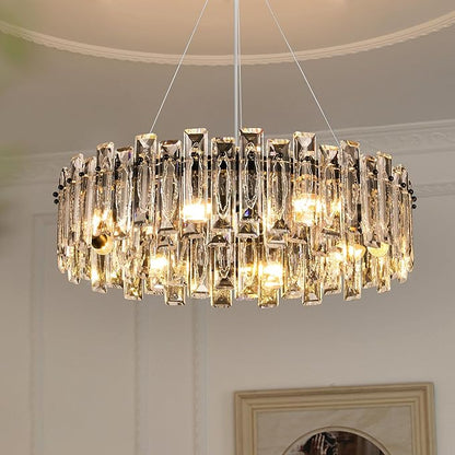 Luxury K9 Crystal Chandelier Modern Round Easy Install Ceiling Hanging Pendant Light Fixture for Dining Living Room Kitchen Island Entryway Foyer D23.6 Black 8-Lights