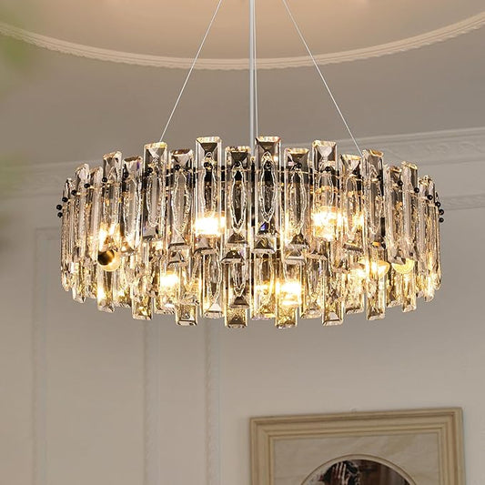Luxury K9 Crystal Chandelier Modern Round Easy Install Ceiling Hanging Pendant Light Fixture for Dining Living Room Kitchen Island Entryway Foyer D23.6 Black 8-Lights