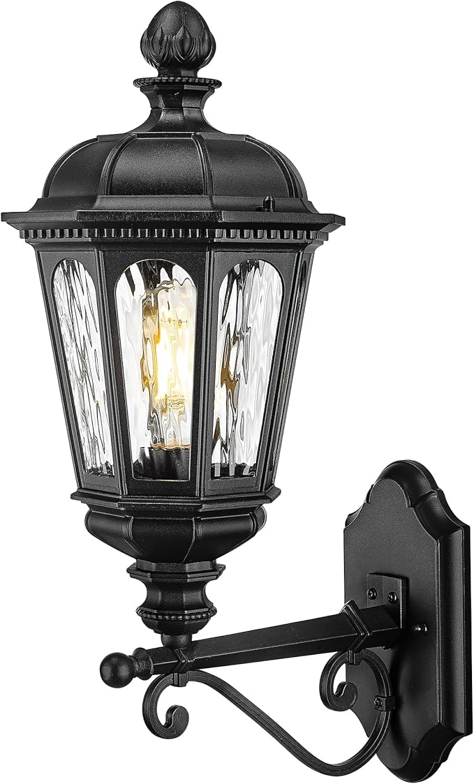 Emliviar Classic 21.7 Inch Black Front Door Wall Lighting, Outside Waterproof Wall Sconce with Water Ripple Glass Shade for Garage, E26 Socket, XE304B-M BK-SW