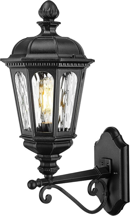 Emliviar Classic 21.7 Inch Black Front Door Wall Lighting, Outside Waterproof Wall Sconce with Water Ripple Glass Shade for Garage, E26 Socket, XE304B-M BK-SW