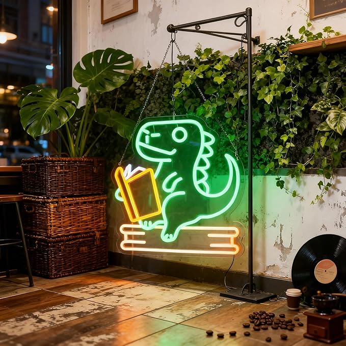Reading Dinosaur Neon Sign, Book Lover Led Neon Light, Bookish LED Sign, Bookworm Reading Club Light, Kid's Room Decor, Game Room Wall Art, Christmas & Birthday Gifts