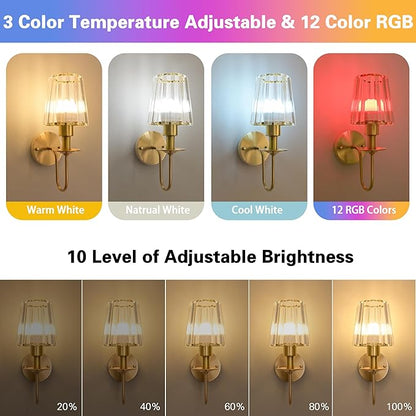 Battery Operated Wall Sconces Set of 2 – 5200mAh Rechargeable Gold Crystal Glass, 15 Colors & 10-Level Dimmable, Wireless Wall Lights for Living Room & Bedroom