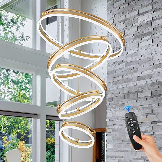 Benkut 5-Rings Modern LED Chandelier Gold Dimmable Large High Ceiling Chandeliers Foyer, Remote Pendant Lighting for Foyer Entryway Dining Room Living Room Staircase(10-Ring Lighting, D30in)