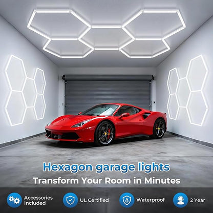 Hexagon Garage Lights, 6500K Ultra Bright LED Hexagon Lights, 156W 17280LM; Honeycomb Light for Garage, Barber, Workshop, Basement,Gym Lighting (5 Grids White Hex Light)