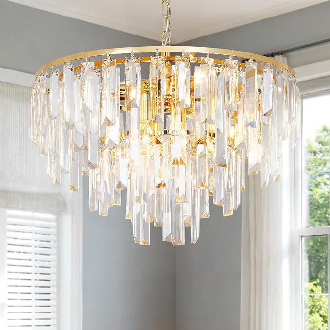 Modern Gold Crystal Chandelier, 18" Round Chandeliers for Dining Room 4-Tier 6 Lights Luxury Top K9 Crystal Ceiling Pendant Light Fixture for Foyer Bedroom Closet