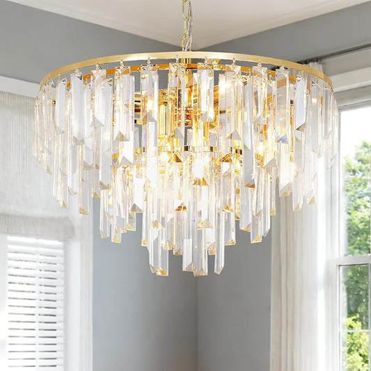 Modern Gold Crystal Chandelier, 18" Round Chandeliers for Dining Room 4-Tier 6 Lights Luxury Top K9 Crystal Ceiling Pendant Light Fixture for Foyer Bedroom Closet
