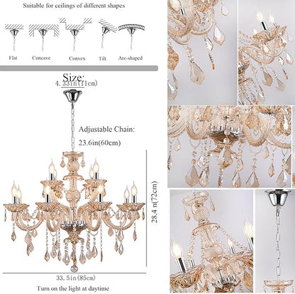 Modern Cognac Crystal Chandelier Lighting, K9 Crystal Light Fixtures 12-Light,Luxury Crystal Chandeliers Lighting 2-Tier Candle Crystal Pendant Light for Living Room Lobby Stair (12 Lights)